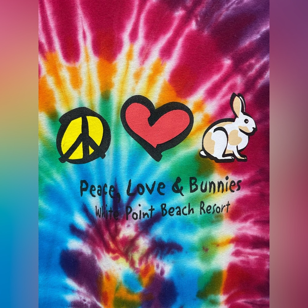 Retro “Peace, Love, and Bunnies” Tie-Dye Tee, Size L
